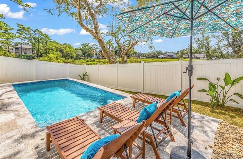 North Myrtle Beach House | Rosemary Villa, Heated Saltwater Pool, Volleyball Court, Golf Cart, Main ST